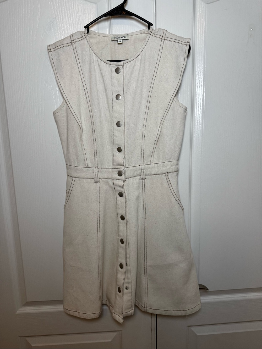 Mila Mae Beige Cotton Denim Button Front Mini Dress Cream Sleeveless Size S - Picture 4 of 9